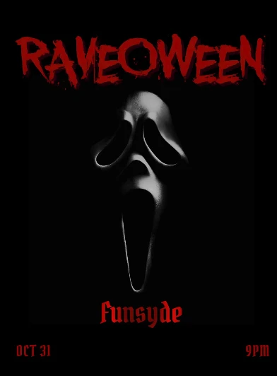 Funsyde. Raveoween flyer with a ghost-faced mask.